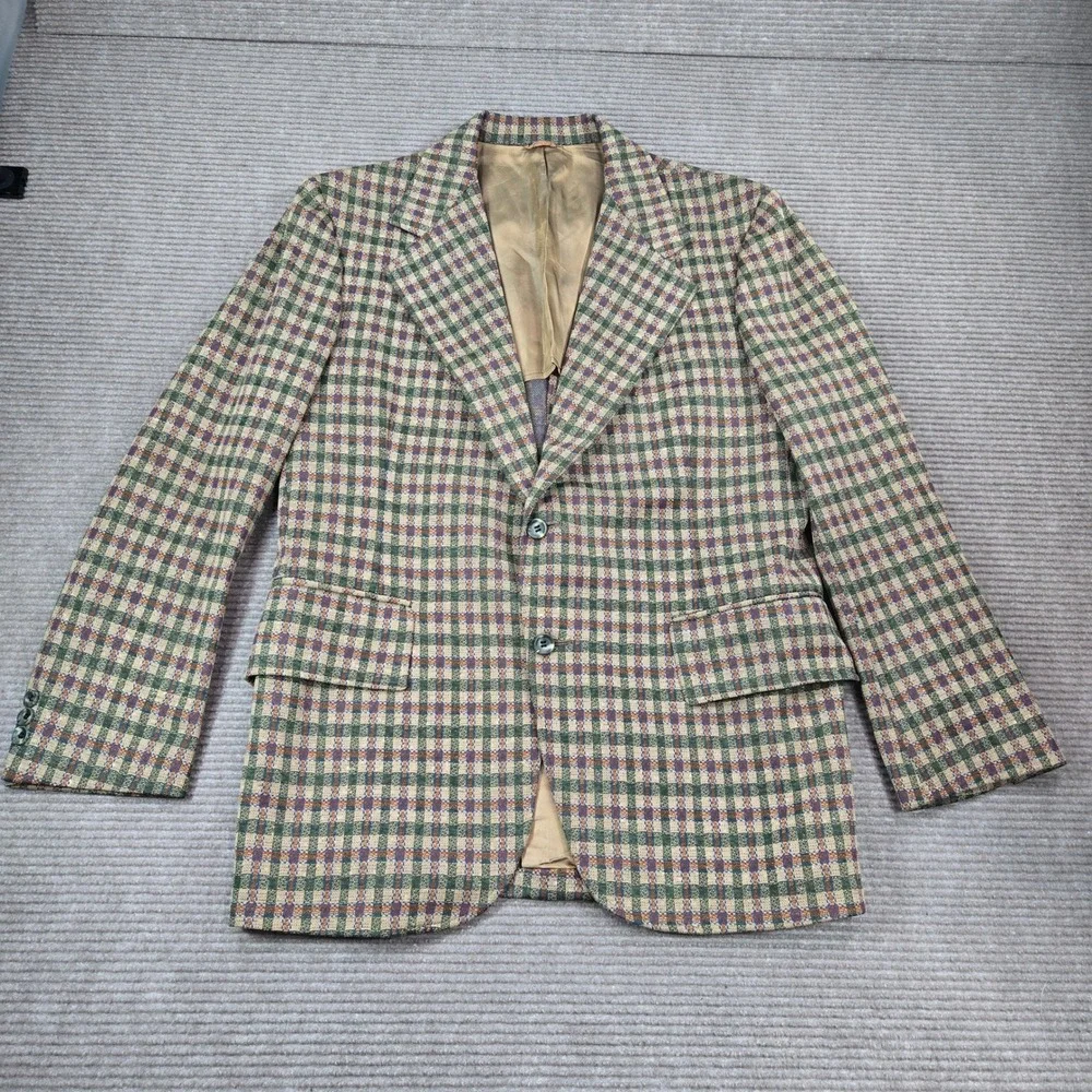 Vintage Mens 42 Green Tan Plaid Knit Two Button Sport Coat Blazer